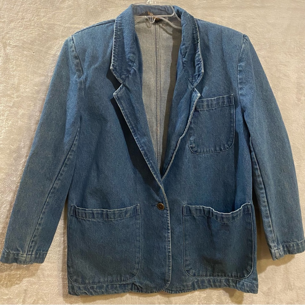 Vintage Eddie Bauer Jacket Women’s Medium Blue 90’s Denim Blazer Chore Barn